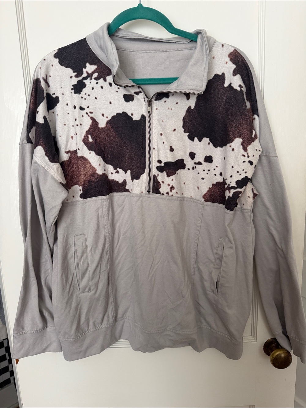 Women’s Half-Zip Pullover Sweater in Light Gray with Brown cow Print